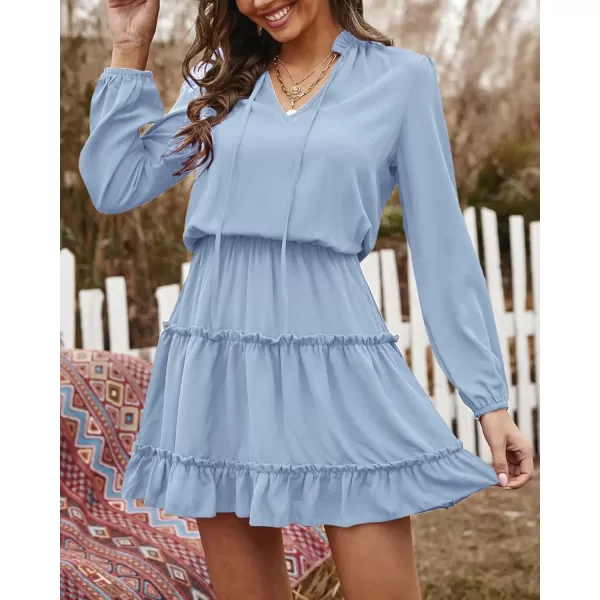 BTFBM Women Casual Summer Fall Dresses Tie V Neck Long Sleeve High Waist Ruffle Tiered A Line Swing Tunic Mini DressLong Sleeve Light Blue