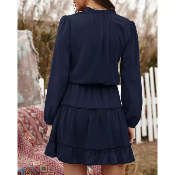 BTFBM Women Casual Summer Fall Dresses Tie V Neck Long Sleeve High Waist Ruffle Tiered A Line Swing Tunic Mini DressLong Sleeve Navy
