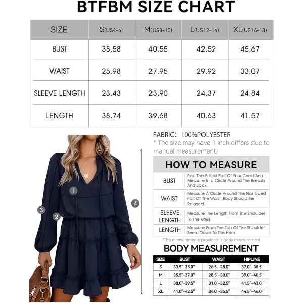 BTFBM Women Casual Summer Fall Dresses Tie V Neck Long Sleeve High Waist Ruffle Tiered A Line Swing Tunic Mini DressLong Sleeve Navy