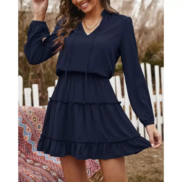 BTFBM Women Casual Summer Fall Dresses Tie V Neck Long Sleeve High Waist Ruffle Tiered A Line Swing Tunic Mini DressLong Sleeve Navy