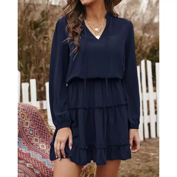 BTFBM Women Casual Summer Fall Dresses Tie V Neck Long Sleeve High Waist Ruffle Tiered A Line Swing Tunic Mini DressLong Sleeve Navy