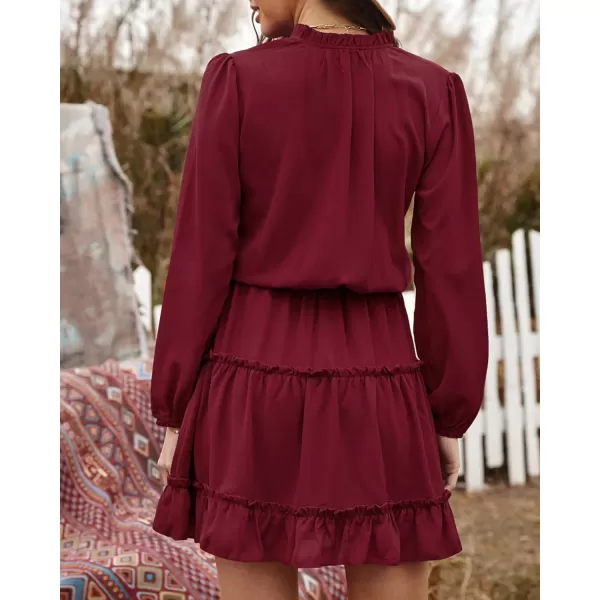 BTFBM Women Casual Summer Fall Dresses Tie V Neck Long Sleeve High Waist Ruffle Tiered A Line Swing Tunic Mini DressLong Sleeve Red