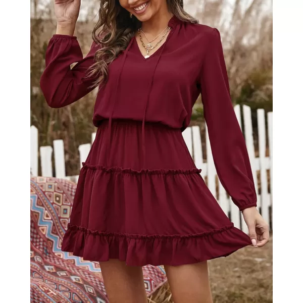BTFBM Women Casual Summer Fall Dresses Tie V Neck Long Sleeve High Waist Ruffle Tiered A Line Swing Tunic Mini DressLong Sleeve Red