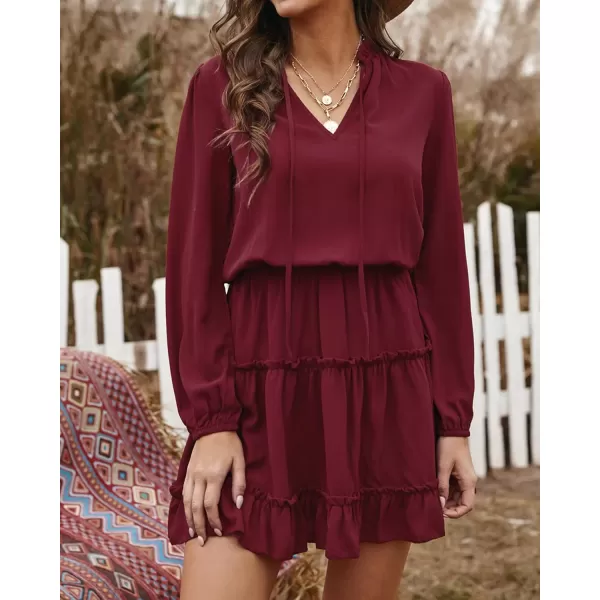 BTFBM Women Casual Summer Fall Dresses Tie V Neck Long Sleeve High Waist Ruffle Tiered A Line Swing Tunic Mini DressLong Sleeve Red