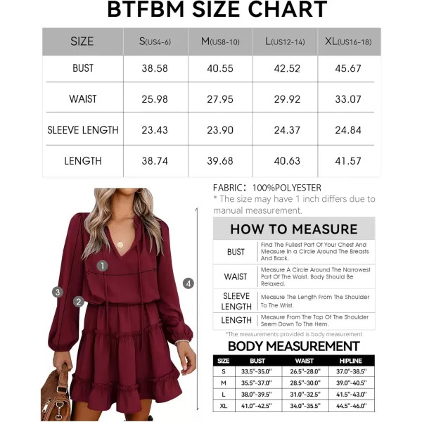 BTFBM Women Casual Summer Fall Dresses Tie V Neck Long Sleeve High Waist Ruffle Tiered A Line Swing Tunic Mini DressLong Sleeve Red