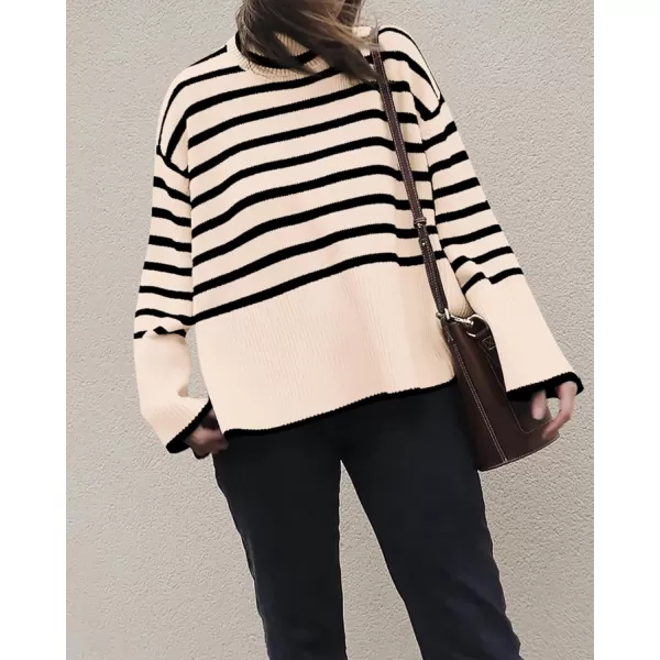 BTFBM Women Casual Turtleneck Striped Sweater 2024 Fall Winter Jumper Tops Long Sleeve Side Slit Oversized Knit PulloverStriped Beige