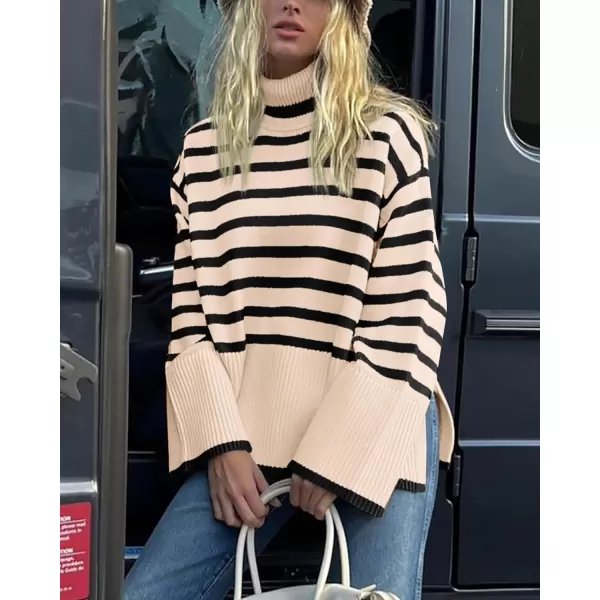 BTFBM Women Casual Turtleneck Striped Sweater 2024 Fall Winter Jumper Tops Long Sleeve Side Slit Oversized Knit PulloverStriped Beige