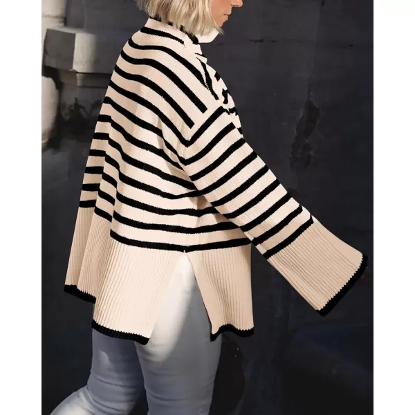 BTFBM Women Casual Turtleneck Striped Sweater 2024 Fall Winter Jumper Tops Long Sleeve Side Slit Oversized Knit PulloverStriped Beige