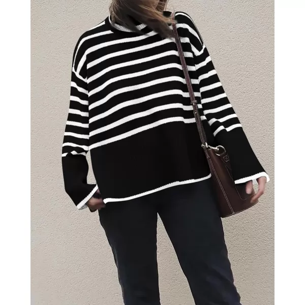 BTFBM Women Casual Turtleneck Striped Sweater 2024 Fall Winter Jumper Tops Long Sleeve Side Slit Oversized Knit PulloverStriped Black