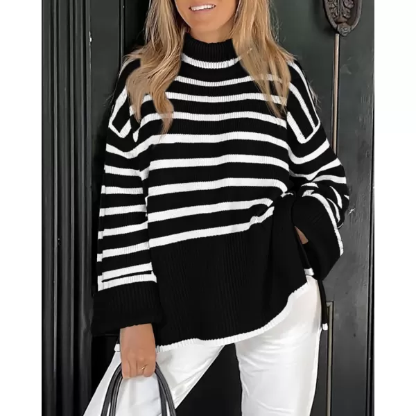 BTFBM Women Casual Turtleneck Striped Sweater 2024 Fall Winter Jumper Tops Long Sleeve Side Slit Oversized Knit PulloverStriped Black