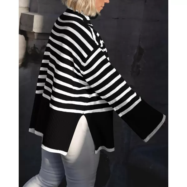 BTFBM Women Casual Turtleneck Striped Sweater 2024 Fall Winter Jumper Tops Long Sleeve Side Slit Oversized Knit PulloverStriped Black
