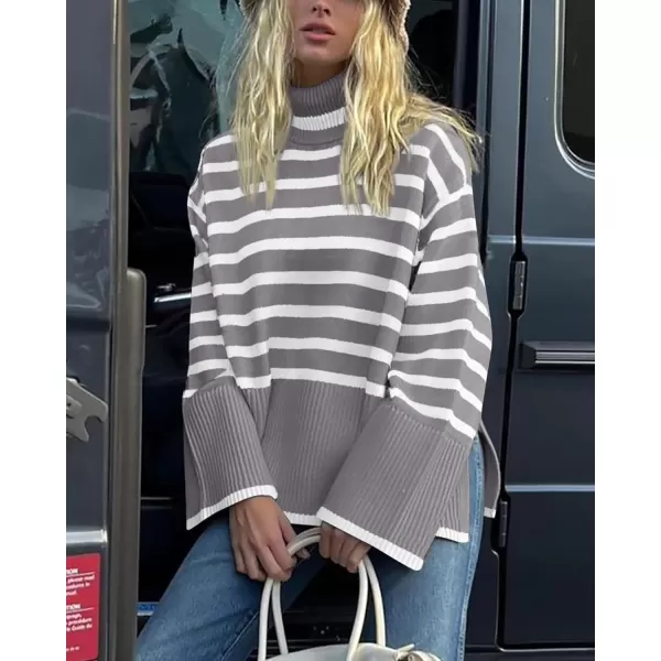 BTFBM Women Casual Turtleneck Striped Sweater 2024 Fall Winter Jumper Tops Long Sleeve Side Slit Oversized Knit PulloverStriped Grey