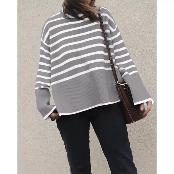 BTFBM Women Casual Turtleneck Striped Sweater 2024 Fall Winter Jumper Tops Long Sleeve Side Slit Oversized Knit PulloverStriped Grey