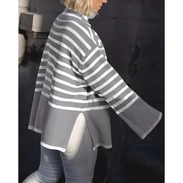 BTFBM Women Casual Turtleneck Striped Sweater 2024 Fall Winter Jumper Tops Long Sleeve Side Slit Oversized Knit PulloverStriped Grey