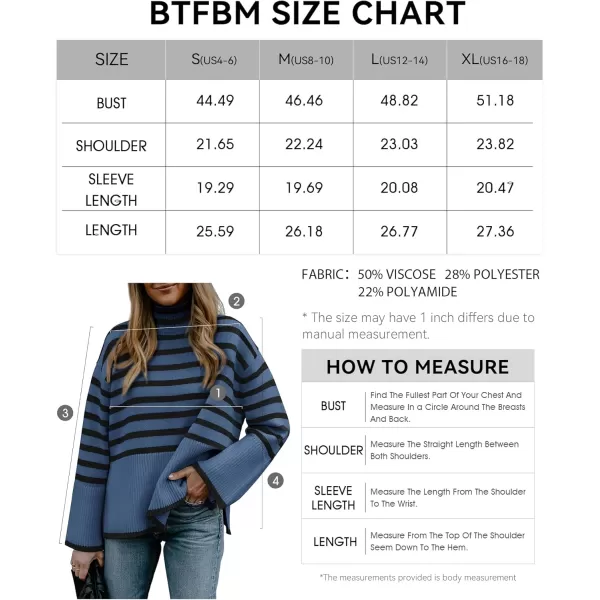 BTFBM Women Casual Turtleneck Striped Sweater 2024 Fall Winter Jumper Tops Long Sleeve Side Slit Oversized Knit PulloverStriped Grey Blue