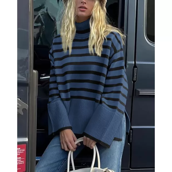 BTFBM Women Casual Turtleneck Striped Sweater 2024 Fall Winter Jumper Tops Long Sleeve Side Slit Oversized Knit PulloverStriped Grey Blue