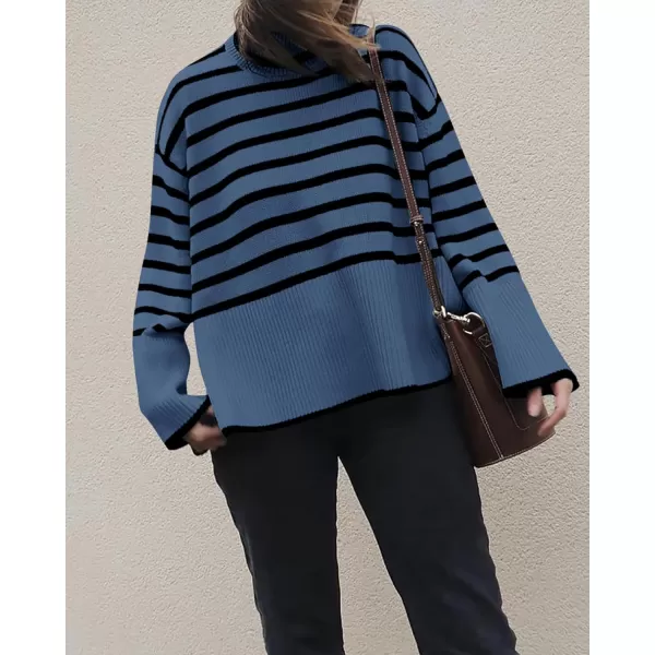 BTFBM Women Casual Turtleneck Striped Sweater 2024 Fall Winter Jumper Tops Long Sleeve Side Slit Oversized Knit PulloverStriped Grey Blue