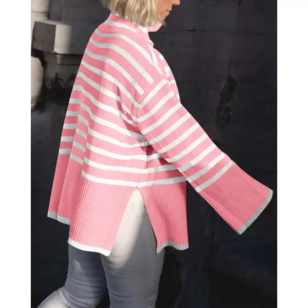 BTFBM Women Casual Turtleneck Striped Sweater 2024 Fall Winter Jumper Tops Long Sleeve Side Slit Oversized Knit PulloverStriped Pink