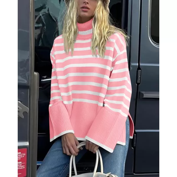 BTFBM Women Casual Turtleneck Striped Sweater 2024 Fall Winter Jumper Tops Long Sleeve Side Slit Oversized Knit PulloverStriped Pink