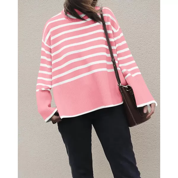 BTFBM Women Casual Turtleneck Striped Sweater 2024 Fall Winter Jumper Tops Long Sleeve Side Slit Oversized Knit PulloverStriped Pink