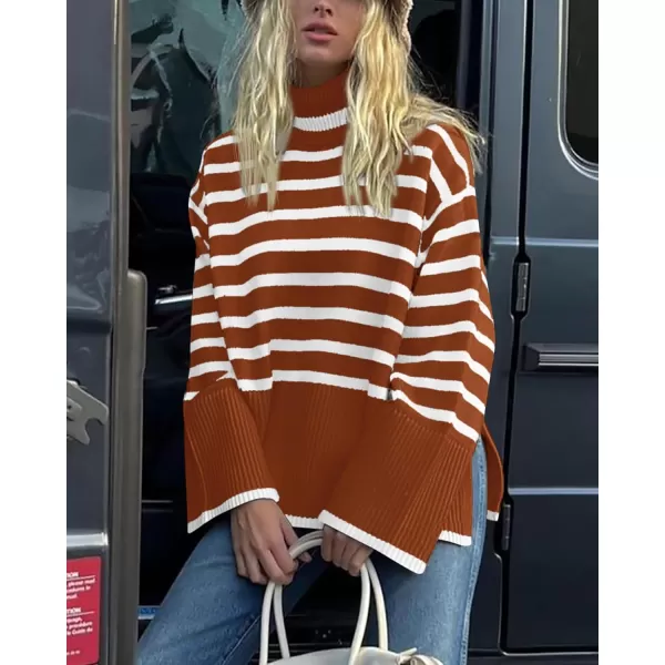 BTFBM Women Casual Turtleneck Striped Sweater 2024 Fall Winter Jumper Tops Long Sleeve Side Slit Oversized Knit PulloverStriped Rust Red