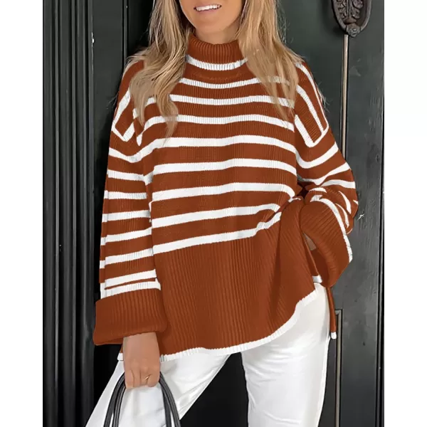 BTFBM Women Casual Turtleneck Striped Sweater 2024 Fall Winter Jumper Tops Long Sleeve Side Slit Oversized Knit PulloverStriped Rust Red