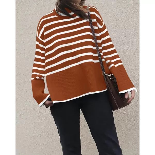 BTFBM Women Casual Turtleneck Striped Sweater 2024 Fall Winter Jumper Tops Long Sleeve Side Slit Oversized Knit PulloverStriped Rust Red