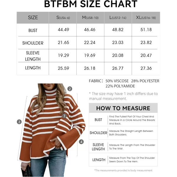 BTFBM Women Casual Turtleneck Striped Sweater 2024 Fall Winter Jumper Tops Long Sleeve Side Slit Oversized Knit PulloverStriped Rust Red