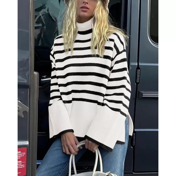 BTFBM Women Casual Turtleneck Striped Sweater 2024 Fall Winter Jumper Tops Long Sleeve Side Slit Oversized Knit PulloverStriped White