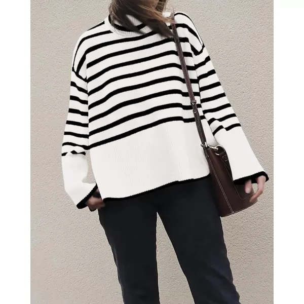 BTFBM Women Casual Turtleneck Striped Sweater 2024 Fall Winter Jumper Tops Long Sleeve Side Slit Oversized Knit PulloverStriped White