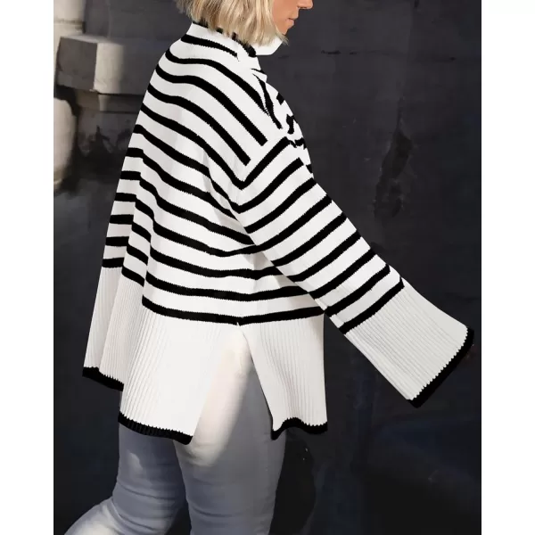 BTFBM Women Casual Turtleneck Striped Sweater 2024 Fall Winter Jumper Tops Long Sleeve Side Slit Oversized Knit PulloverStriped White