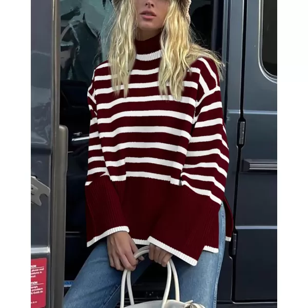 BTFBM Women Casual Turtleneck Striped Sweater 2024 Fall Winter Jumper Tops Long Sleeve Side Slit Oversized Knit PulloverStriped Wine Red