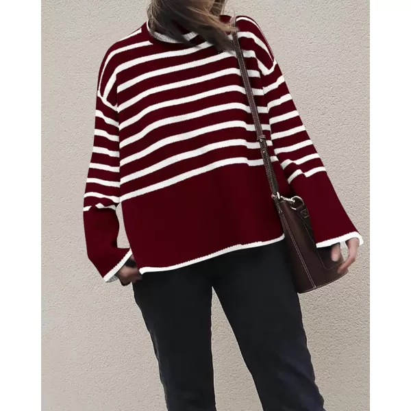 BTFBM Women Casual Turtleneck Striped Sweater 2024 Fall Winter Jumper Tops Long Sleeve Side Slit Oversized Knit PulloverStriped Wine Red