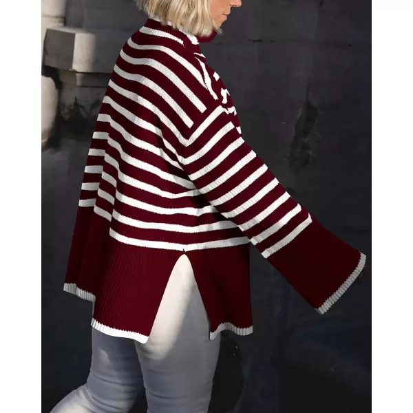 BTFBM Women Casual Turtleneck Striped Sweater 2024 Fall Winter Jumper Tops Long Sleeve Side Slit Oversized Knit PulloverStriped Wine Red