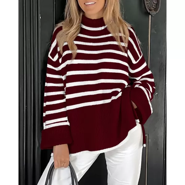 BTFBM Women Casual Turtleneck Striped Sweater 2024 Fall Winter Jumper Tops Long Sleeve Side Slit Oversized Knit PulloverStriped Wine Red