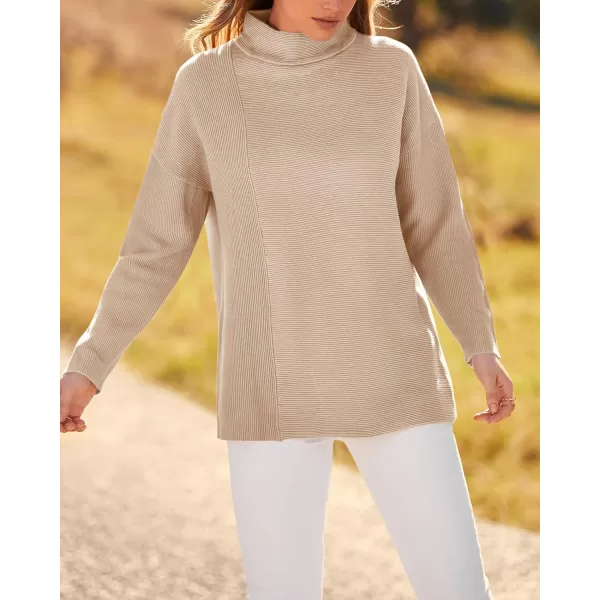 BTFBM Women Cozy Long Sleeve Mock Neck Fashion Sweaters Soft Solid Color Ribbed Knit Casual Fall Winter Pullover SweaterSolid Apricot