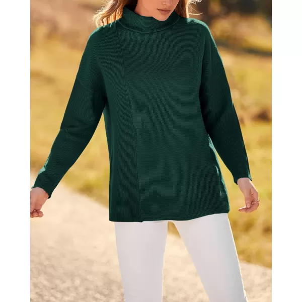 BTFBM Women Cozy Long Sleeve Mock Neck Fashion Sweaters Soft Solid Color Ribbed Knit Casual Fall Winter Pullover SweaterSolid Dark Green