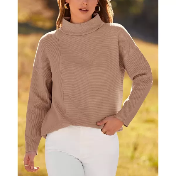 BTFBM Women Cozy Long Sleeve Mock Neck Fashion Sweaters Soft Solid Color Ribbed Knit Casual Fall Winter Pullover SweaterSolid Khaki