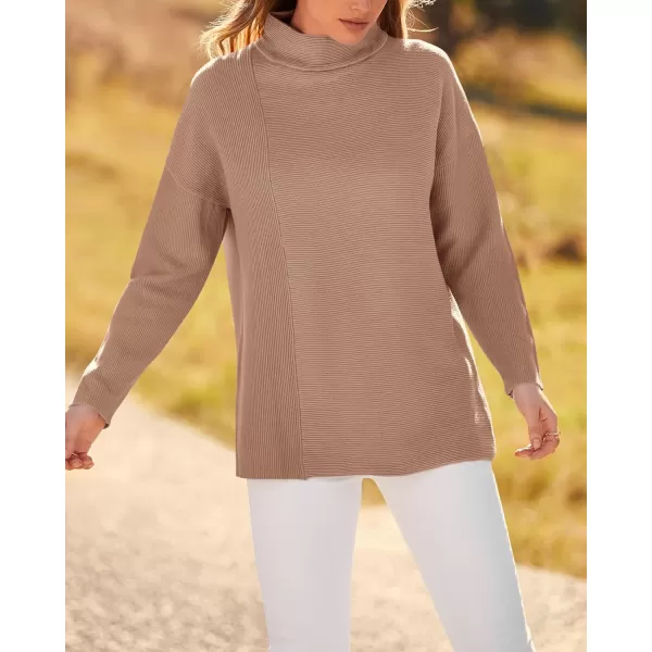 BTFBM Women Cozy Long Sleeve Mock Neck Fashion Sweaters Soft Solid Color Ribbed Knit Casual Fall Winter Pullover SweaterSolid Khaki