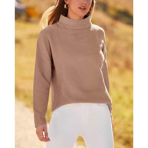 BTFBM Women Cozy Long Sleeve Mock Neck Fashion Sweaters Soft Solid Color Ribbed Knit Casual Fall Winter Pullover SweaterSolid Khaki