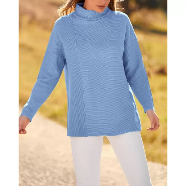 BTFBM Women Cozy Long Sleeve Mock Neck Fashion Sweaters Soft Solid Color Ribbed Knit Casual Fall Winter Pullover SweaterSolid Light Blue