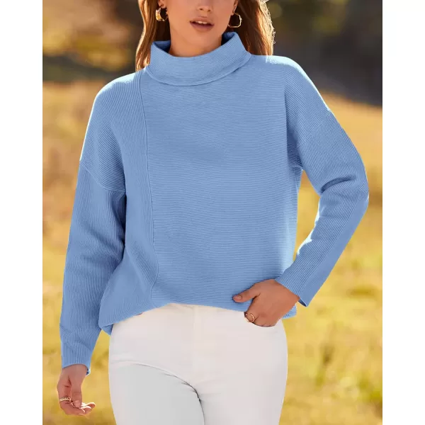 BTFBM Women Cozy Long Sleeve Mock Neck Fashion Sweaters Soft Solid Color Ribbed Knit Casual Fall Winter Pullover SweaterSolid Light Blue