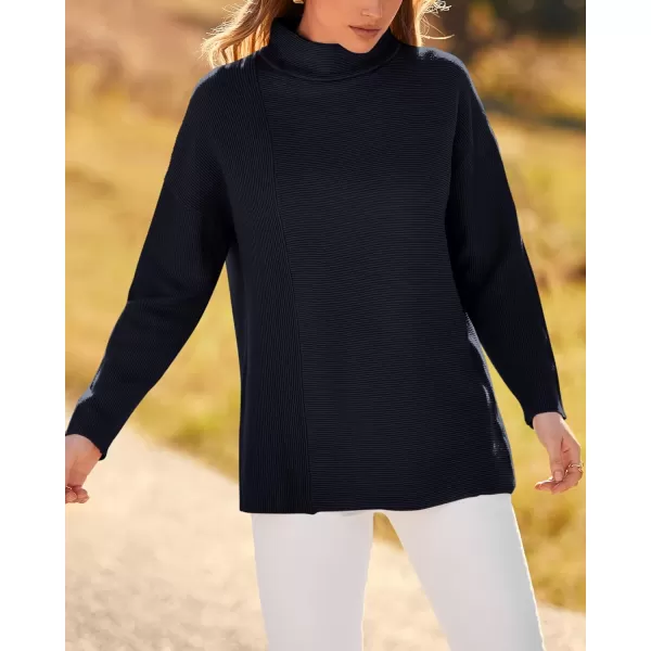 BTFBM Women Cozy Long Sleeve Mock Neck Fashion Sweaters Soft Solid Color Ribbed Knit Casual Fall Winter Pullover SweaterSolid Navy