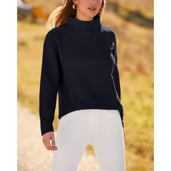 BTFBM Women Cozy Long Sleeve Mock Neck Fashion Sweaters Soft Solid Color Ribbed Knit Casual Fall Winter Pullover SweaterSolid Navy