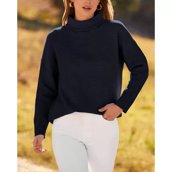 BTFBM Women Cozy Long Sleeve Mock Neck Fashion Sweaters Soft Solid Color Ribbed Knit Casual Fall Winter Pullover SweaterSolid Navy