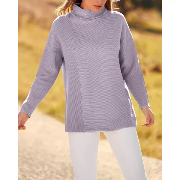 BTFBM Women Cozy Long Sleeve Mock Neck Fashion Sweaters Soft Solid Color Ribbed Knit Casual Fall Winter Pullover SweaterSolid Purple