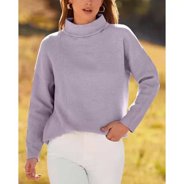 BTFBM Women Cozy Long Sleeve Mock Neck Fashion Sweaters Soft Solid Color Ribbed Knit Casual Fall Winter Pullover SweaterSolid Purple