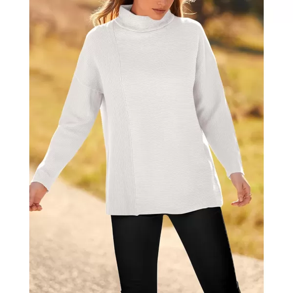 BTFBM Women Cozy Long Sleeve Mock Neck Fashion Sweaters Soft Solid Color Ribbed Knit Casual Fall Winter Pullover SweaterSolid White
