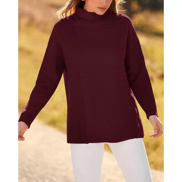 BTFBM Women Cozy Long Sleeve Mock Neck Fashion Sweaters Soft Solid Color Ribbed Knit Casual Fall Winter Pullover SweaterSolid Wine Red