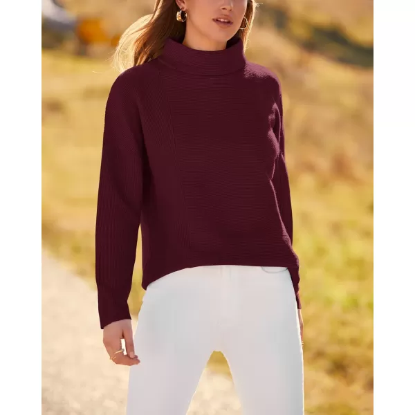 BTFBM Women Cozy Long Sleeve Mock Neck Fashion Sweaters Soft Solid Color Ribbed Knit Casual Fall Winter Pullover SweaterSolid Wine Red